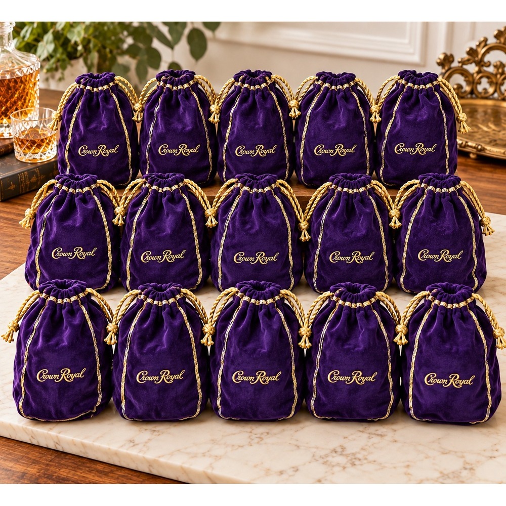Lot of 15 Crown Royal Purple Velvet Drawstring Bags Gold Embroidery Storage